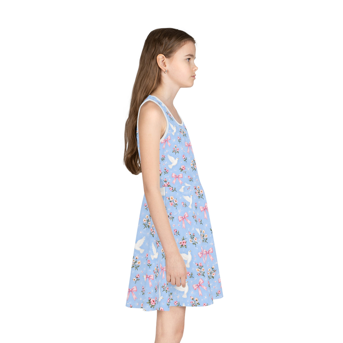 White Dove and Pink Bows Pattern Girls' Sundress