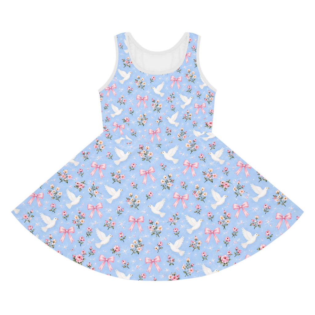 White Dove and Pink Bows Pattern Girls' Sundress