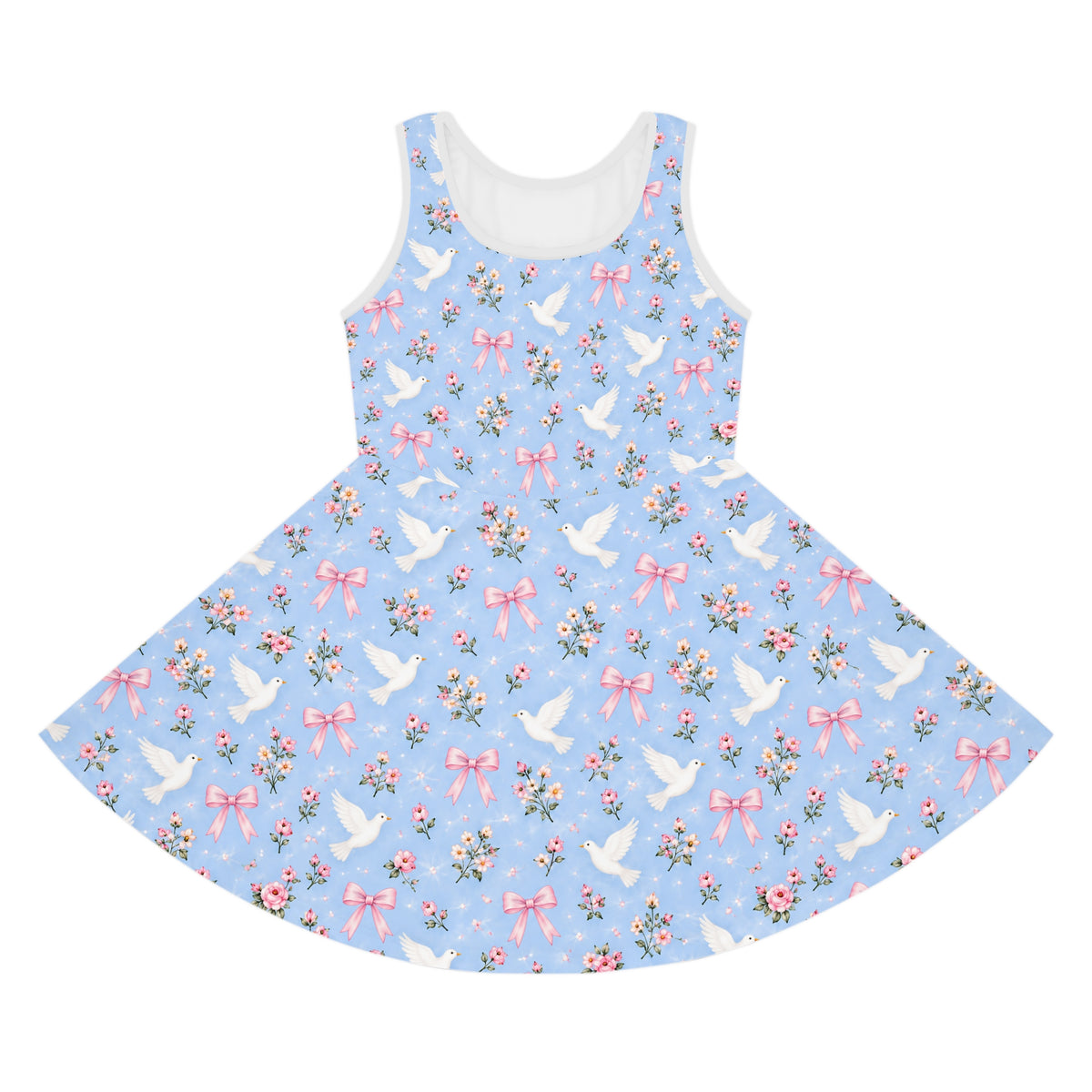 White Dove and Pink Bows Pattern Girls' Sundress