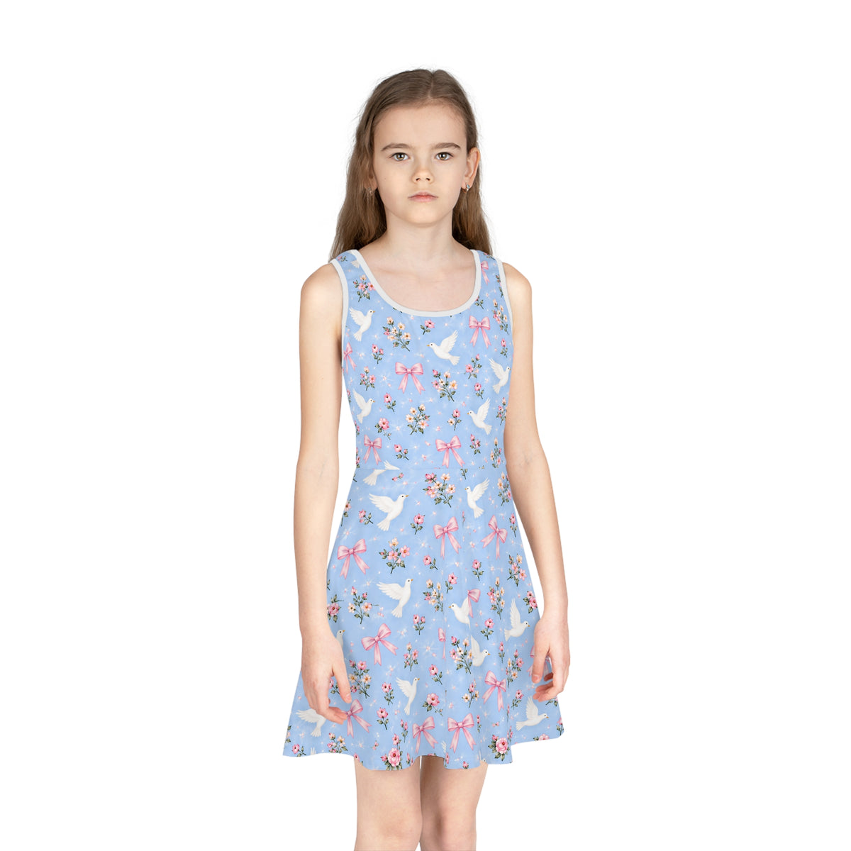 White Dove and Pink Bows Pattern Girls' Sundress