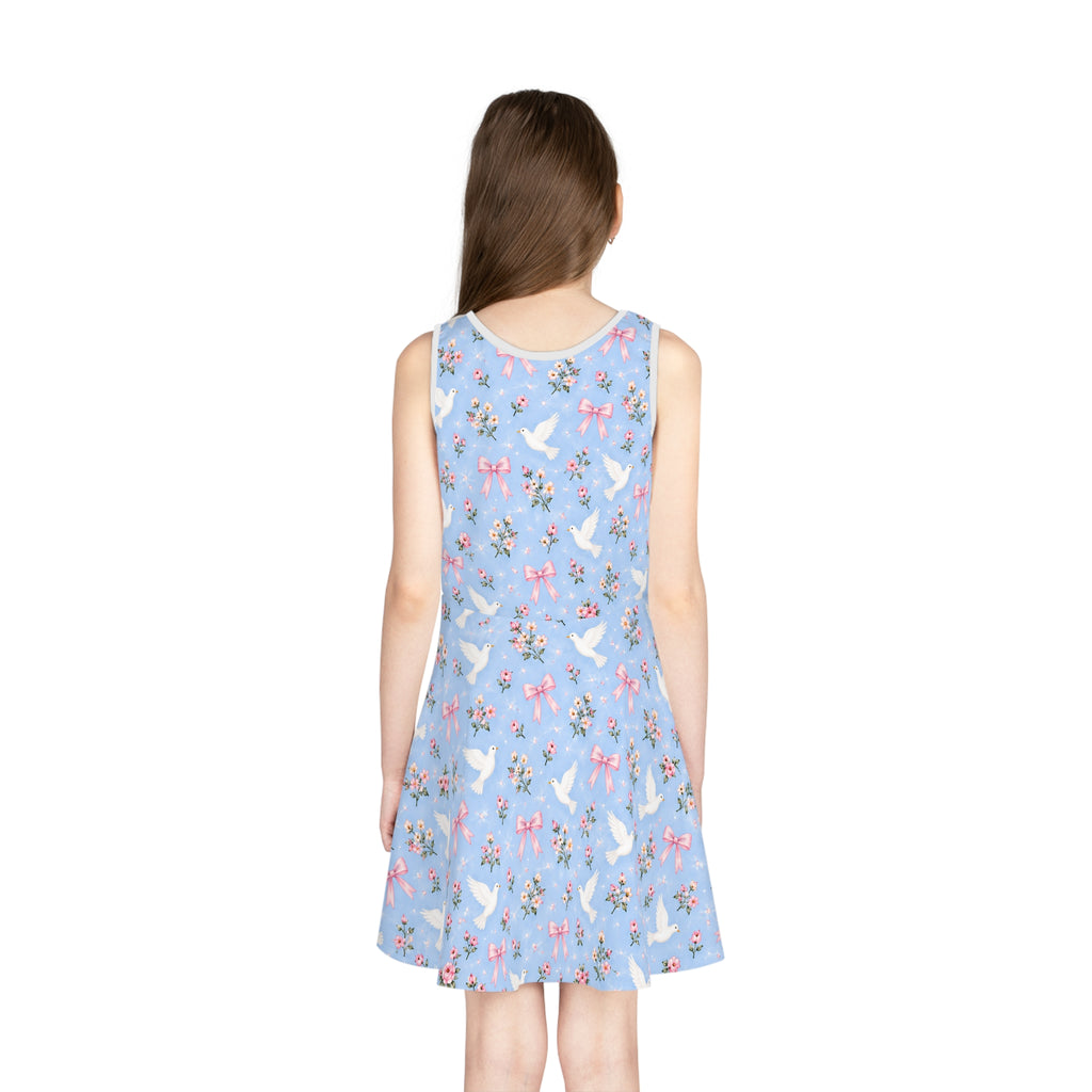White Dove and Pink Bows Pattern Girls' Sundress