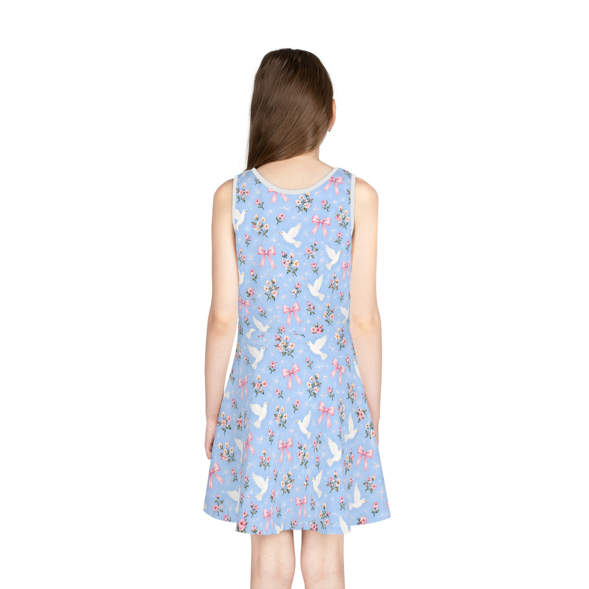 White Dove and Pink Bows Pattern Girls' Sundress