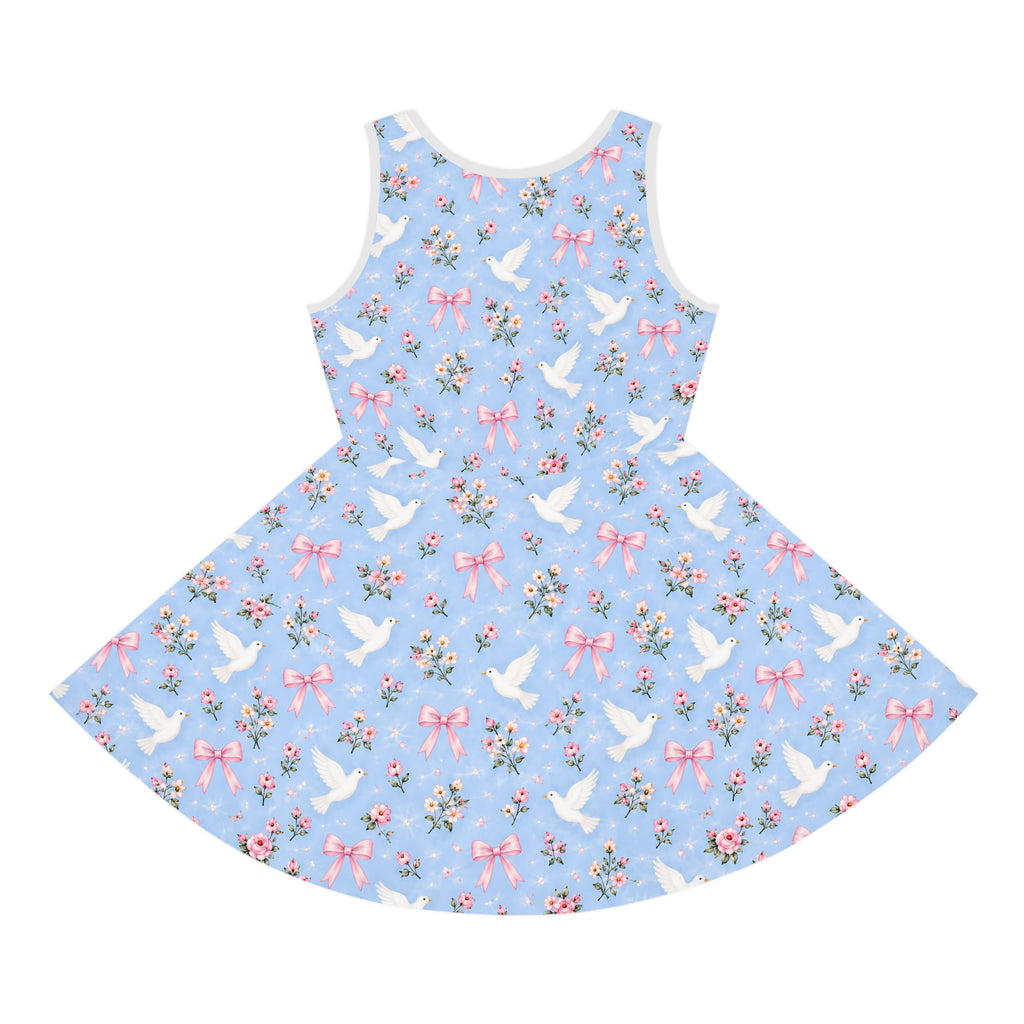 White Dove and Pink Bows Pattern Girls' Sundress
