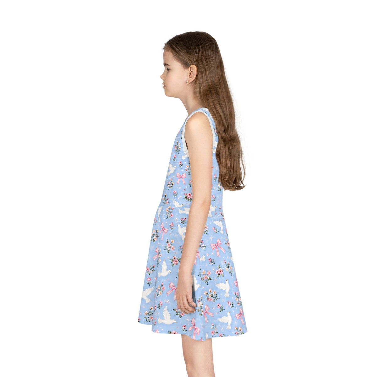 White Dove and Pink Bows Pattern Girls' Sundress